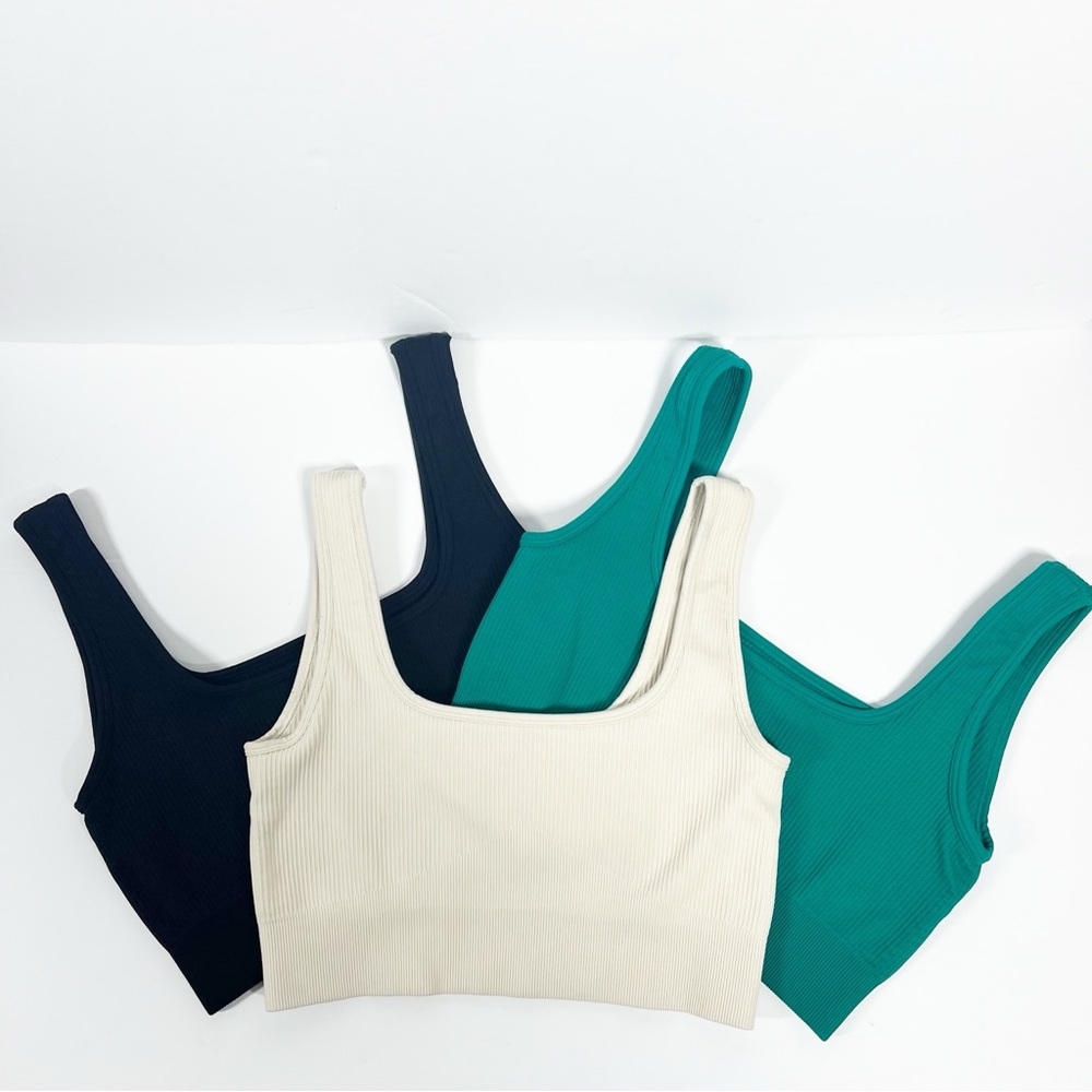 OQQ Women Size Medium Bundle of Three Black Green and Beige Ribbed Cropped Tops